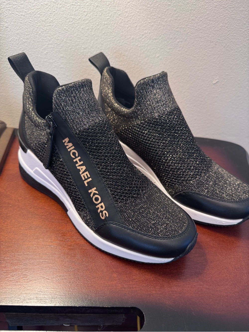 NWB Michael Kors Willis Knit Slip-On Wedge Sneakers,metallic black & gold